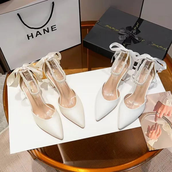 Women's Summer Fashion Sandals with Pointed Shallow Heels Height Increasing Soft Sexy Pearl Word Design - Image 3