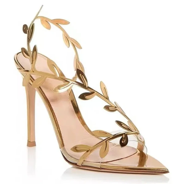 New Fashionable Elegant Temperament Gold High Heels Metal Patent Leather Leaf Thin Heels Pointed Toe Sandals with Exposed Toes - Image 3