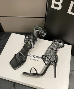 Fine Heel Fish Mouth Rhinestone Sandals Boots Summer New 2025 Elastic Fishing Net Hollow Fashion Banquet Sensual Women's Sandals