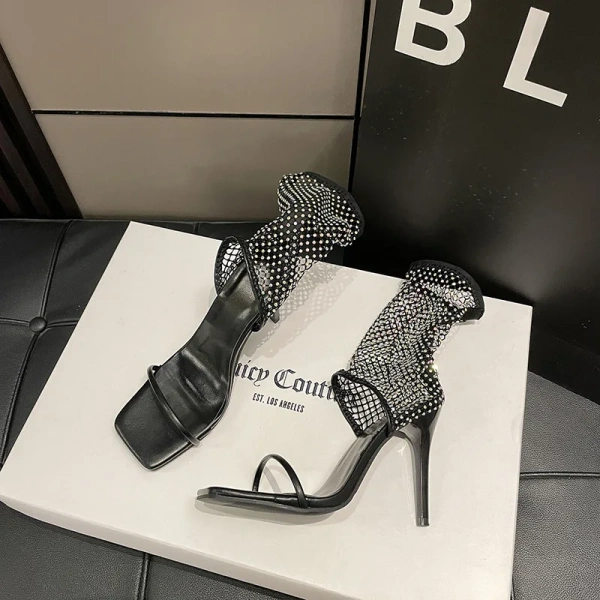 Fine Heel Fish Mouth Rhinestone Sandals Boots Summer New 2025 Elastic Fishing Net Hollow Fashion Banquet Sensual Women's Sandals