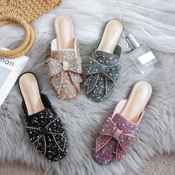 2025 Fashionable, Sweet and Elegant Bow Baotou Half Slippers, Sexy and Luxurious Pearl Water Diamond Flat Beach Sandals - Image 6