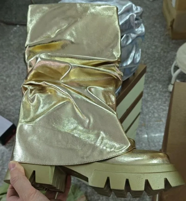2025 Autumn Women Botas Round Toe Mid-Calf Silver Gold Thick Bottom Trouser Legs Mujer Platform Boots - Image 6