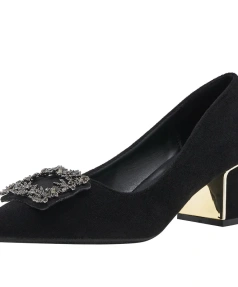 2025 Sh12452A Ladies High Heel Shoes Chunky Black Square Heels Height Increasing Feature Rubber Insole for Summer Winter Spring
