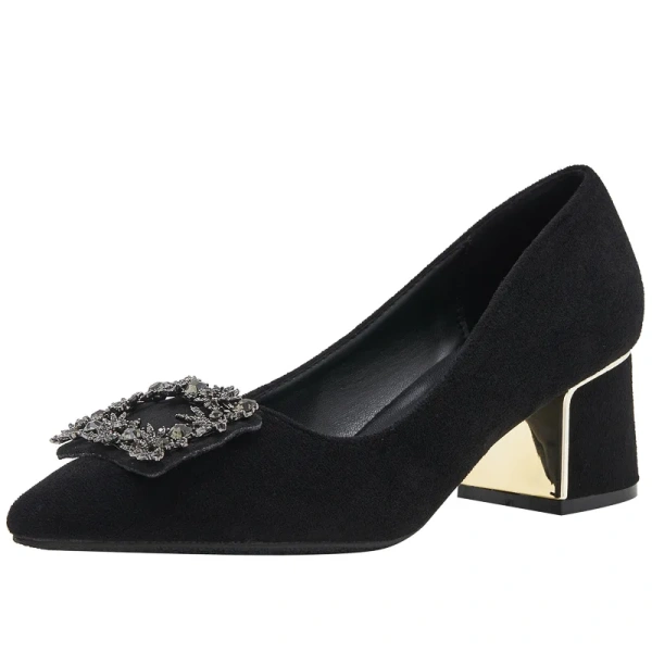 2025 Sh12452A Ladies High Heel Shoes Chunky Black Square Heels Height Increasing Feature Rubber Insole for Summer Winter Spring