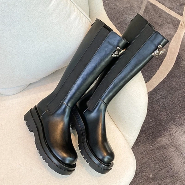 2025 Autumn and Winter Fashion Simple Bow Not Over the Knee Knee High Tube Knight Boot Round Toe Chunky Heel Long Boot - Image 2