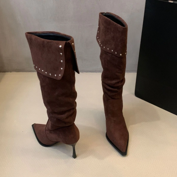 2025 New Fashions Personality Rivets High-heeled Knight Boot Soft Comfortable Women's Boot Pointed Fine High-heeled Long Boot - Image 3