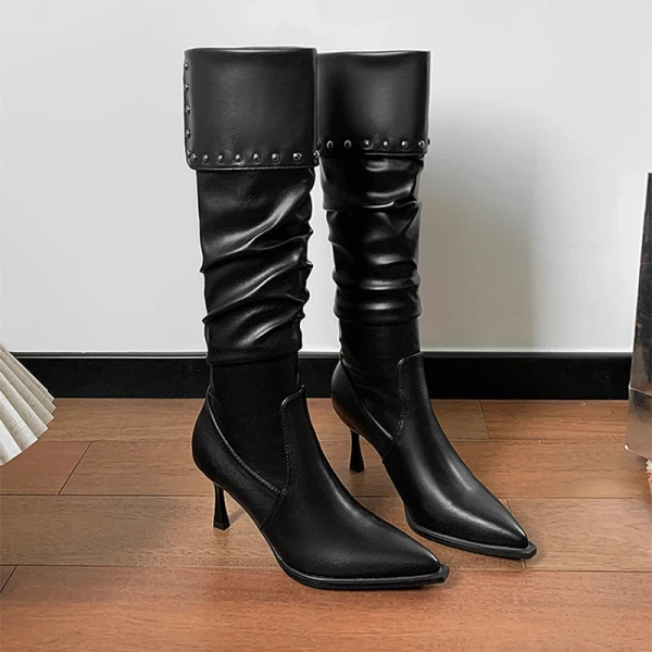 2025 New Fashions Personality Rivets High-heeled Knight Boot Soft Comfortable Women's Boot Pointed Fine High-heeled Long Boot - Image 4