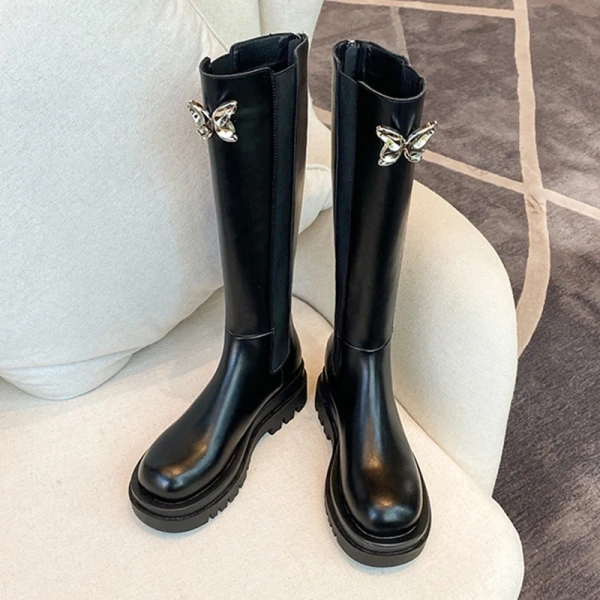 2025 Autumn and Winter Fashion Simple Bow Not Over the Knee Knee High Tube Knight Boot Round Toe Chunky Heel Long Boot - Image 3