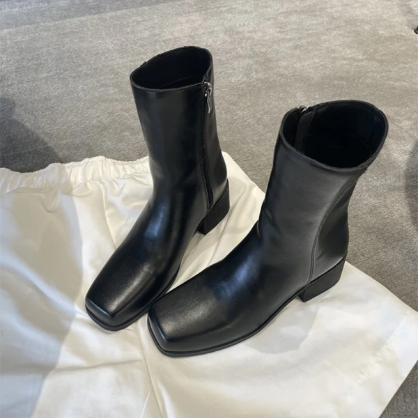 2025 Fall and Winter New Fashion Unique square Head Thick Heel Side Zipper Chelsea Boot Genuine Leather Thick Bottom Short Boot - Image 4