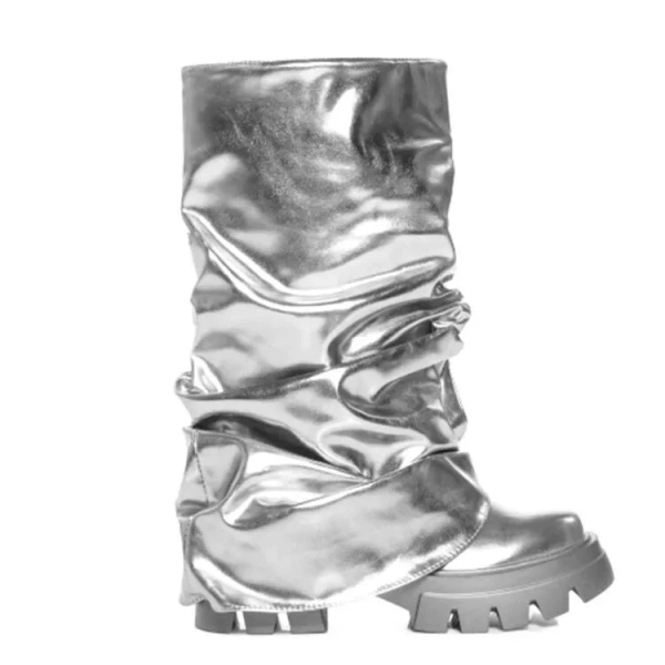 2025 Autumn Women Botas Round Toe Mid-Calf Silver Gold Thick Bottom Trouser Legs Mujer Platform Boots - Image 2