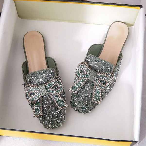 2025 Fashionable, Sweet and Elegant Bow Baotou Half Slippers, Sexy and Luxurious Pearl Water Diamond Flat Beach Sandals - Image 2