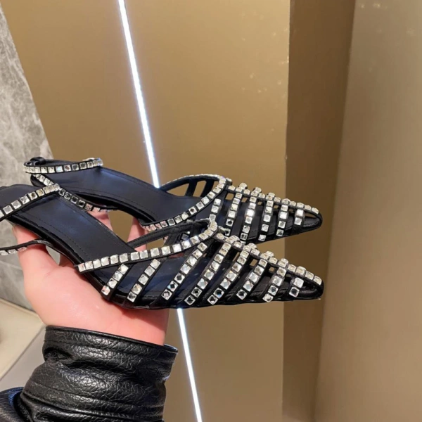European and American Sexy Hollow Pointed Straight Buckle High-heeled Shoes Luxury Fashion Banquet Rhinestone Toe Hollow Sandals