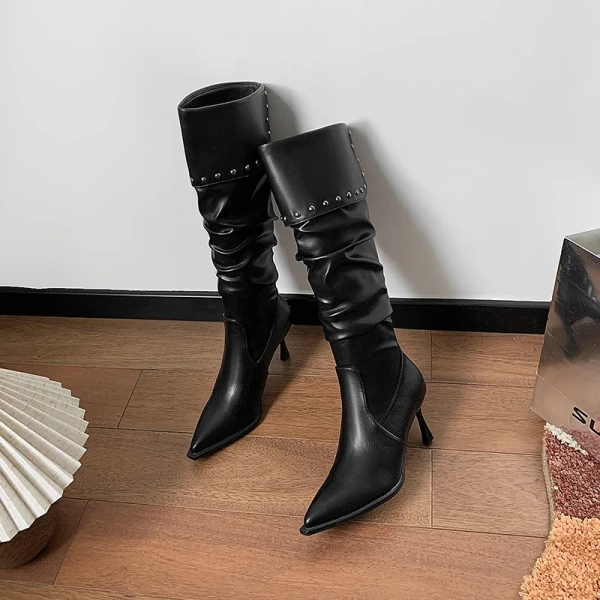 2025 New Fashions Personality Rivets High-heeled Knight Boot Soft Comfortable Women's Boot Pointed Fine High-heeled Long Boot - Image 2