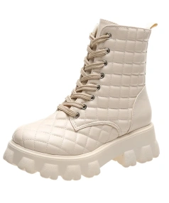 2025 Autumn Winter Women's Fashion Ankle Boots Thick Bottom Lacing Sexy Metal Zipper Plaid Chunky Heel Waterproof Casual Shoes