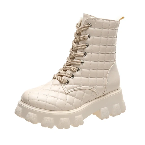 2025 Autumn Winter Women's Fashion Ankle Boots Thick Bottom Lacing Sexy Metal Zipper Plaid Chunky Heel Waterproof Casual Shoes