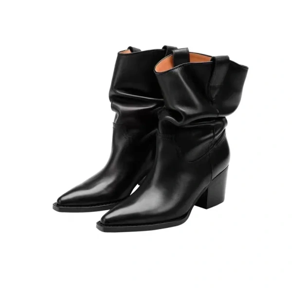 2025 Fall and Winter New Fashion Simple Cowboy Boot Brown Pointed Toe Coarse Following Mid Calf Short Canister Boot - Image 6