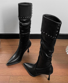2025 New Fashions Personality Rivets High-heeled Knight Boot Soft Comfortable Women's Boot Pointed Fine High-heeled Long Boot