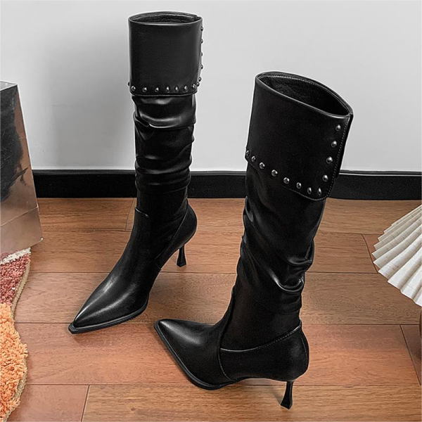 2025 New Fashions Personality Rivets High-heeled Knight Boot Soft Comfortable Women's Boot Pointed Fine High-heeled Long Boot