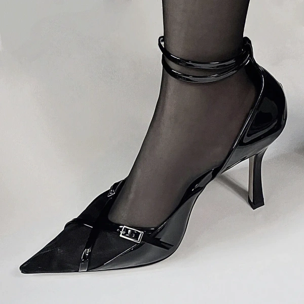 2025 Summer New Fashionable Sexy Black Mesh Gauze Pointed Hollow Fine Heels Versatile Metal One Piece Buckle with High Heels - Image 3