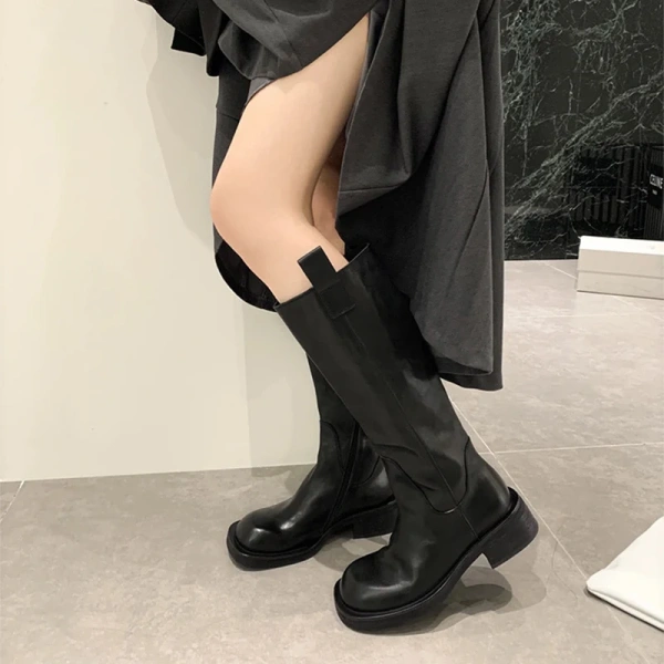 2025 Winter New Fashion Retro Commute Thick Heel Long Canister Long Boots Round Head Leather High Barrel Chelsea Long Boots - Image 6