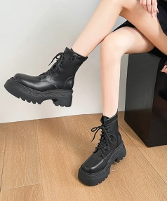 2025 Autumn Winter New Fashionable Retro Round Toe Lace up High-heeled Short Boot Waterproof Platform Thick Heel Short Tube Boot
