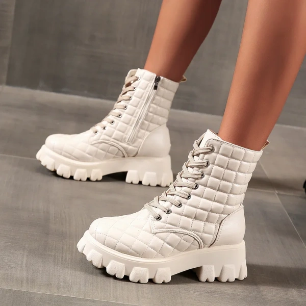 2025 Autumn Winter Women's Fashion Ankle Boots Thick Bottom Lacing Sexy Metal Zipper Plaid Chunky Heel Waterproof Casual Shoes - Image 2