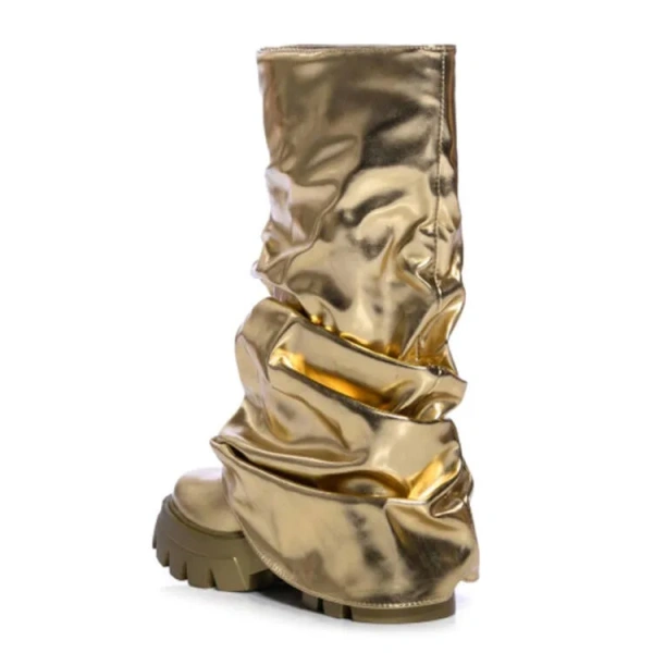 2025 Autumn Women Botas Round Toe Mid-Calf Silver Gold Thick Bottom Trouser Legs Mujer Platform Boots - Image 3