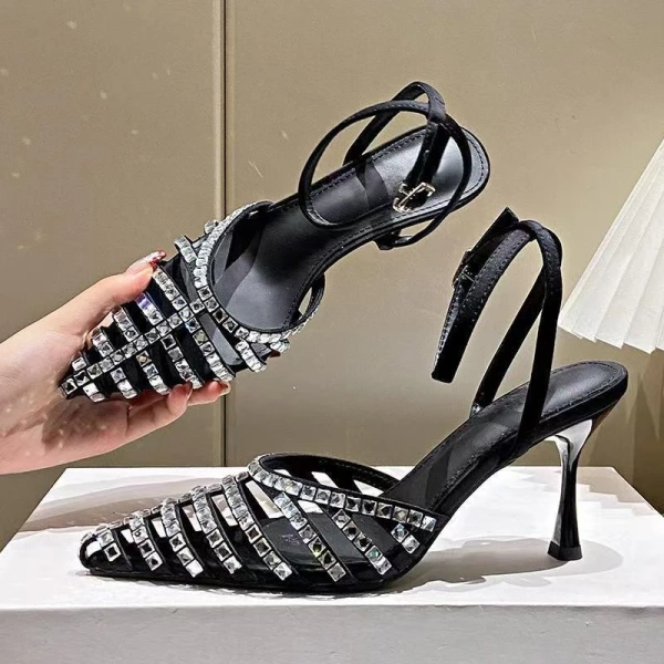 European and American Sexy Hollow Pointed Straight Buckle High-heeled Shoes Luxury Fashion Banquet Rhinestone Toe Hollow Sandals - Image 6