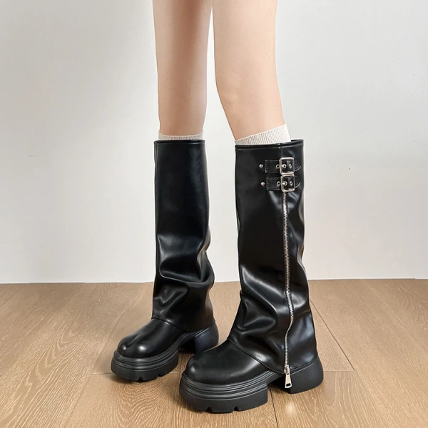 2025 Retro Fashion Knight Boot with Chunky Heel and Thick Bottom High Canister Western Cowboy Boot Winter Knee Belt Buckle - Image 4