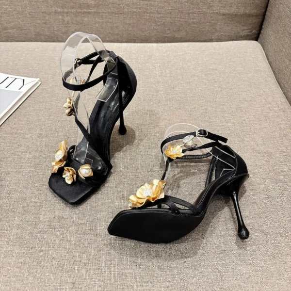 Best Selling Luxury Party Women's Rhinestone Metal Orchid Buckle Exposed Toe Buckle Strap square Toe Socialite Style High Heels - Image 3