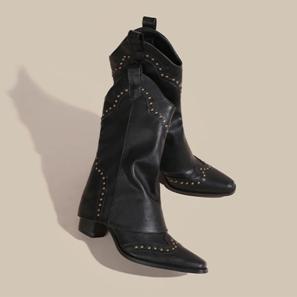 2025 Fall and Winter New Retro Western Cowboy Boot Pointy Head Thick Heel Thick Bottom Short Boot Women's Casual Knight Boot - Image 3