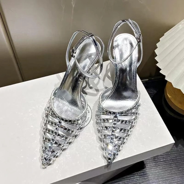 European and American Sexy Hollow Pointed Straight Buckle High-heeled Shoes Luxury Fashion Banquet Rhinestone Toe Hollow Sandals - Image 5