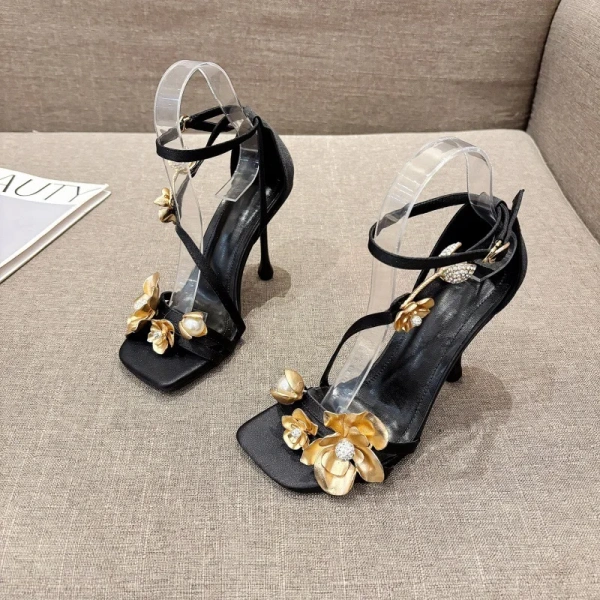 Best Selling Luxury Party Women's Rhinestone Metal Orchid Buckle Exposed Toe Buckle Strap square Toe Socialite Style High Heels - Image 5