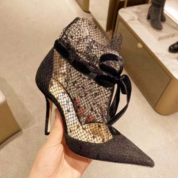Fashion Sexy Breathable Lace Mesh Gauze High Heels Pointed Shallow Mouth Strap Straps Heels Sandals Baotou Bow Women's Shoes - Image 5
