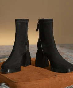 2025 New Fashion Sweet Sexy Thick Heel Fangtou Short Boot Soft Warm Add Velvet Knight Boot Back Zipper Elastic Force Boot