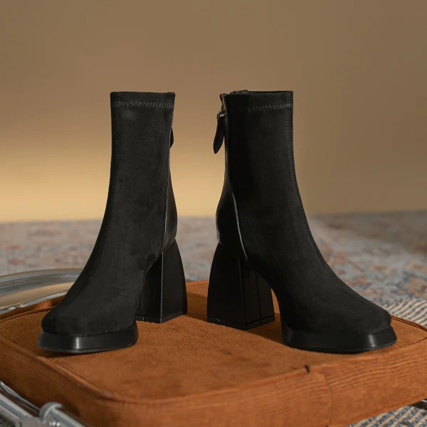 2025 New Fashion Sweet Sexy Thick Heel Fangtou Short Boot Soft Warm Add Velvet Knight Boot Back Zipper Elastic Force Boot