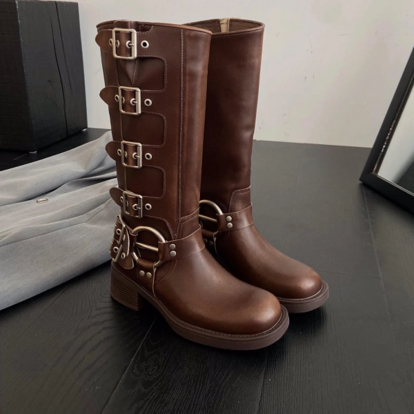 2025 Fall Winter New Retro Fashion Unique Belt Buckle Thick Heel Thick Bottom Cowboy Boot Height Increasing Waterproof Feature - Image 3