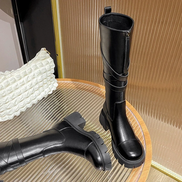 2024New Front Zipper Thick Bottom Increase Knight Boot Fashion Retro Thick Heel High Canister Boot Belt Buckle Women's Long Boot - Image 5