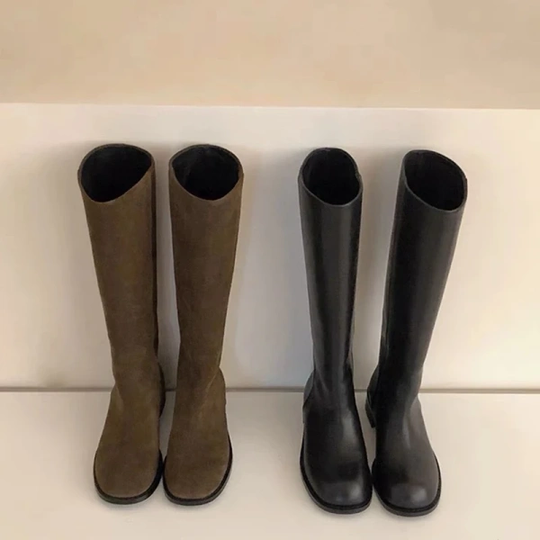 2025 Retro Fashion Waterproof Soft Comfortable Genuine Leather High Tube Boots Wide Canister Knight Boot Thick Heel Bottom Back