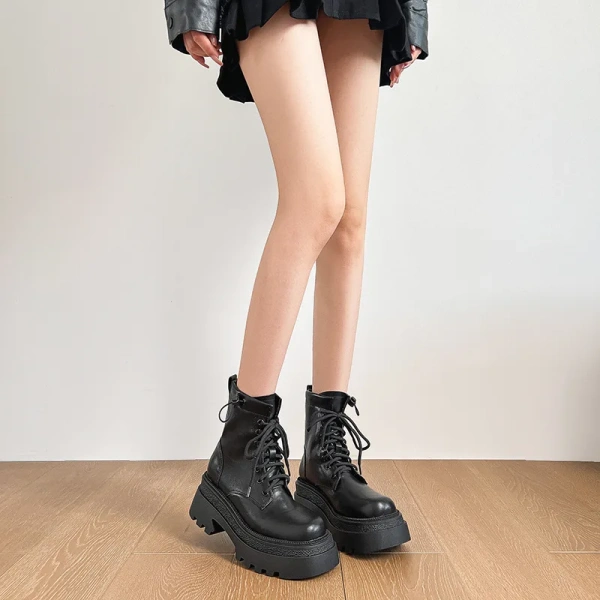 2025 Autumn Winter New Fashionable Retro Round Toe Lace up High-heeled Short Boot Waterproof Platform Thick Heel Short Tube Boot - Image 6