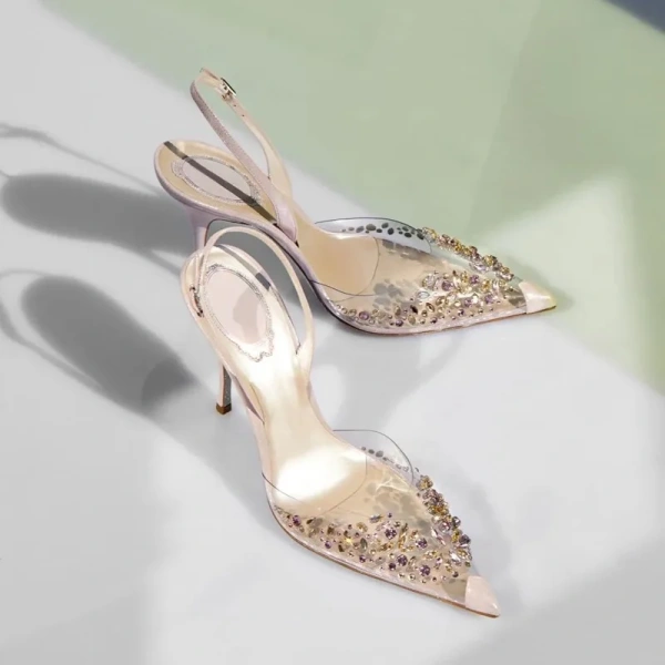 2025 Fashionable Transparent Rhinestones Pointed Shallow Mouth Slim Heeled Sandals Baotou Toe One Word Strap High-heeled Shoes - Image 3