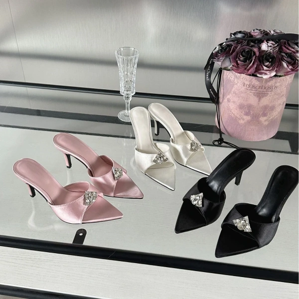 Summer New Pointed Open-toe Sandals Fashion Pearl Rhinestone One Word Drag Fine with High Heel Casual Beach Half Shoes Female - Image 5