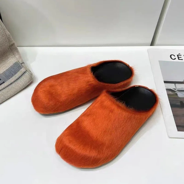 2025 Women's Genuine Leather Casual Slippers Fashion Horsehair Fur Sandals Soft Outdoor Use Winter Spring