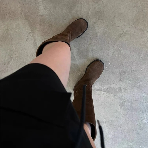 2025 Retro Fashion Waterproof Soft Comfortable Genuine Leather High Tube Boots Wide Canister Knight Boot Thick Heel Bottom Back - Image 5