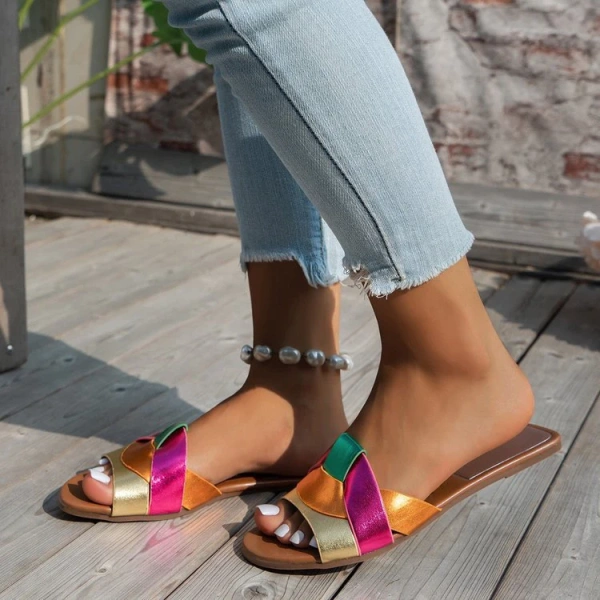 2025 Popular Women's Flat Sandals Slip-On Beaded Strap Open Toe Beach Shoes Breathable Casual Lazy Wear