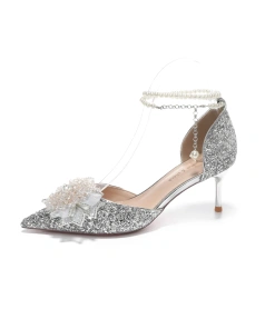 Xinzirain High Heels Pumps Shoes Pointed Toe Wedding Stiletto Pearl Rhinestone Lace Ankle Strap Solid Bridal Shoes Summer