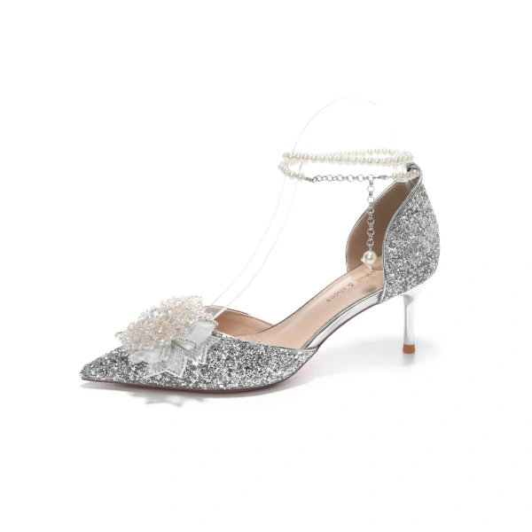 Xinzirain High Heels Pumps Shoes Pointed Toe Wedding Stiletto Pearl Rhinestone Lace Ankle Strap Solid Bridal Shoes Summer