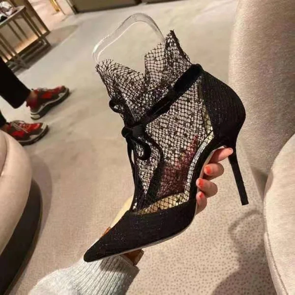 Fashion Sexy Breathable Lace Mesh Gauze High Heels Pointed Shallow Mouth Strap Straps Heels Sandals Baotou Bow Women's Shoes - Image 6