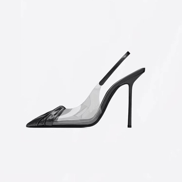 2025 Summer High Heeled Women's European American Style Sandals Transparent Straight Strap Pleated French Toes Back Position