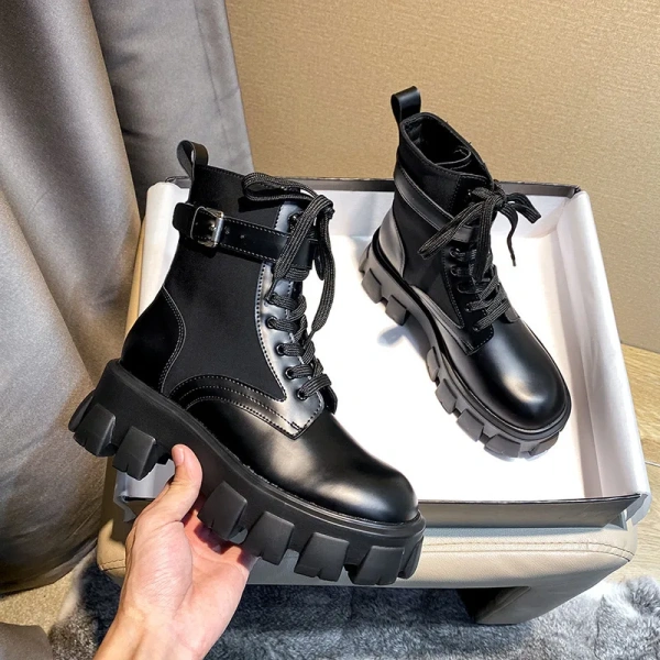 2025 Winter British Style Motorcycle Boots Waterproof New Patent Leather Pocket Bag Short Boots Lace Thick Soled Sponge Shoes - Image 5
